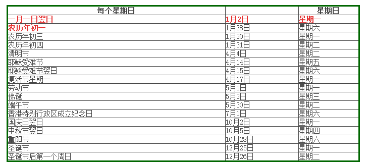 2017年香港公众假期一览表