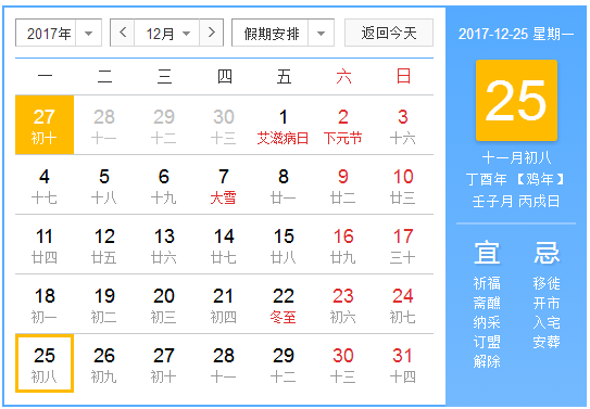 2017年圣诞节是周几