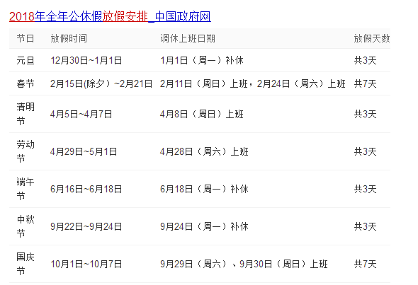 2018放假安排