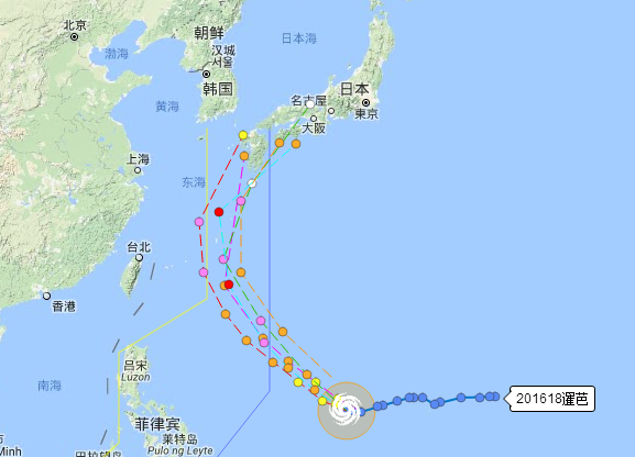 2016年第18号台风暹芭实时路线图1